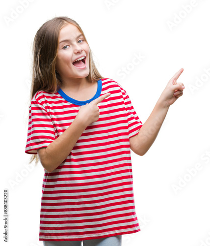 Young beautiful girl over isolated background smiling and looking at the camera pointing with two hands and fingers to the side.