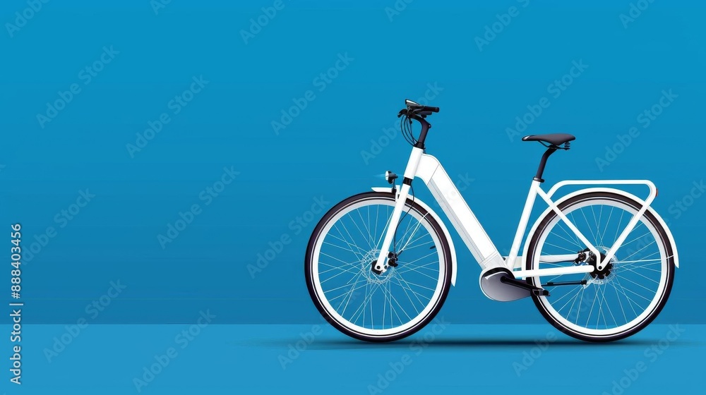 Modern white electric bicycle against a blue background, showcasing sleek design and eco-friendly transportation alternative. Modern white electric bicycle against a blue background, showcasing sleek design and eco-friendly transportation alternative.