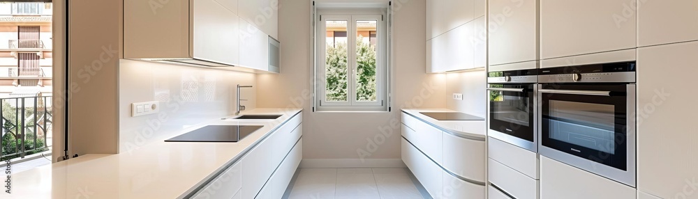 Modern white kitchen with minimalistic design, built-in appliances, and large windows offering natural light and a view of greenery. Modern white kitchen with minimalistic design, built-in appliances, and large windows offering natural light and a view of greenery.