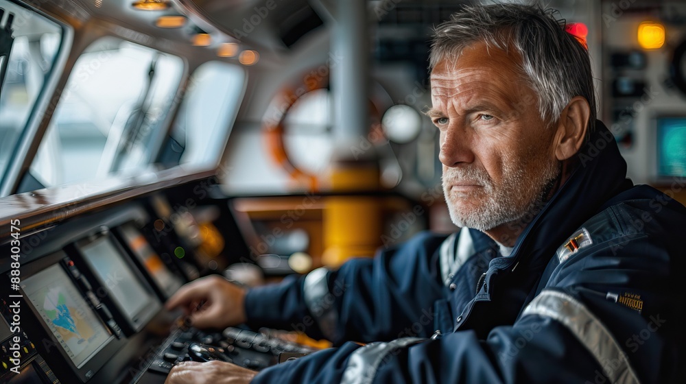 Experienced Ship Captain Navigating with Precision in Modern Vessel Control Room Experienced Ship Captain Navigating with Precision in Modern Vessel Control Room