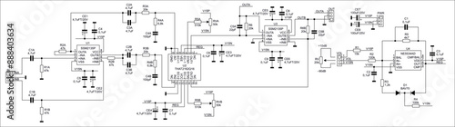 Schematic diagram of electronic device on sheet of paper. Vector drawing electrical circuit with logic gate of integrated circuit, resistor, capacitor, diode, microcontroller,  other components.