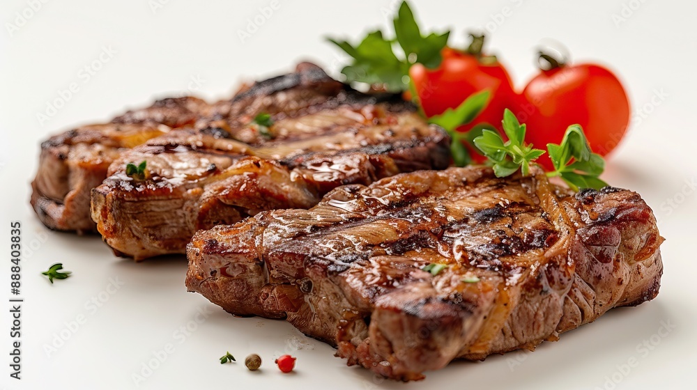 Juicy Grilled Beef Steaks Garnished with Fresh Herbs and Cherry Tomatoes Juicy Grilled Beef Steaks Garnished with Fresh Herbs and Cherry Tomatoes
