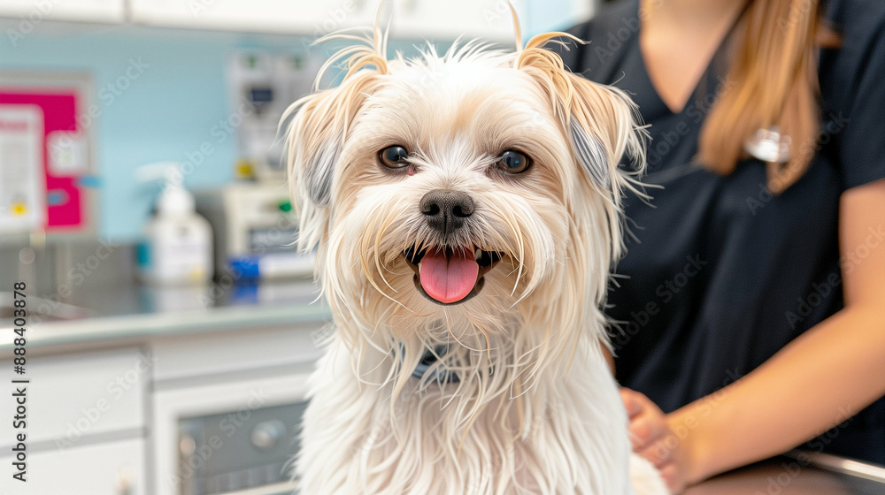 Happy Dog at Veterinary Clinic. Smiling Pet Receiving Care from Professional Vet Happy Dog at Veterinary Clinic. Smiling Pet Receiving Care from Professional Vet