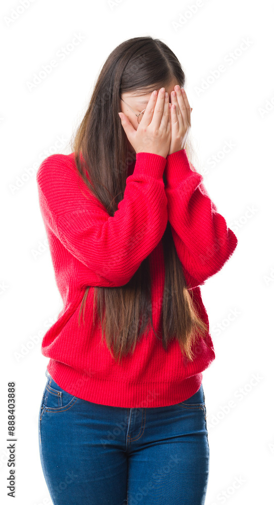 Young Chinese woman over isolated background wearing glasses with sad expression covering face with hands while crying. Depression concept. Young Chinese woman over isolated background wearing glasses with sad expression covering face with hands while crying. Depression concept.