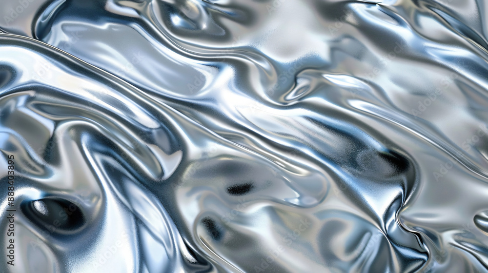 Obraz premium Close up texture of liquid shiny metal in silver gray color with highlights and shimmers. Liquid metallic texture