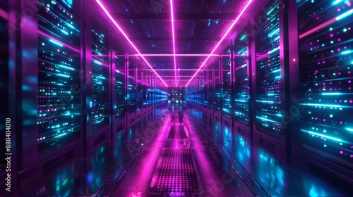 Cyberpunk tunnel with neon lights represents futuristic technology in network  data storage  servers  and internet.