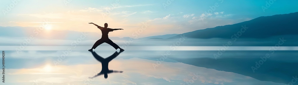 Person practicing Tai Chi on a calm reflective water surface with mountains and a serene sunrise in the background, promoting peace and balance. Person practicing Tai Chi on a calm reflective water surface with mountains and a serene sunrise in the background, promoting peace and balance.
