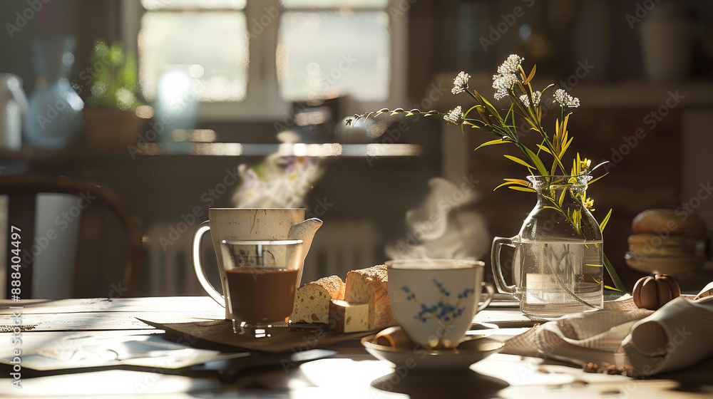 Sunlit breakfast table with coffee, fresh bread, and delicate flowers, creating a warm and inviting morning scene. Sunlit breakfast table with coffee, fresh bread, and delicate flowers, creating a warm and inviting morning scene.