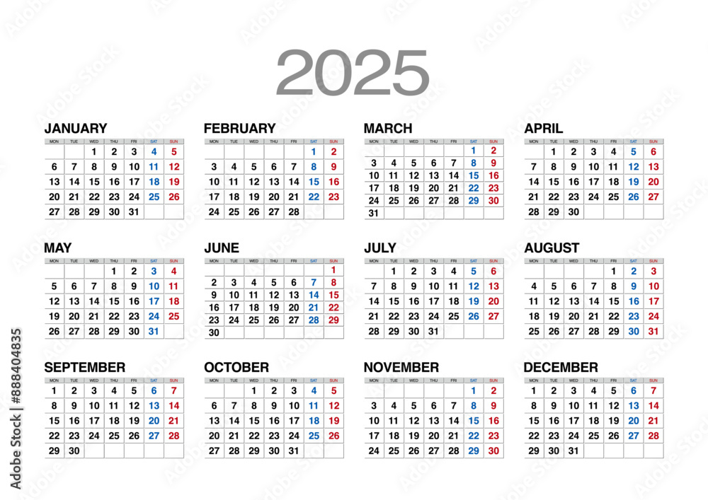 2025年の年間カレンダー月曜始まり日本の祝日表記無し
2025年の年間カレンダー月曜始まり日本の祝日表記無し