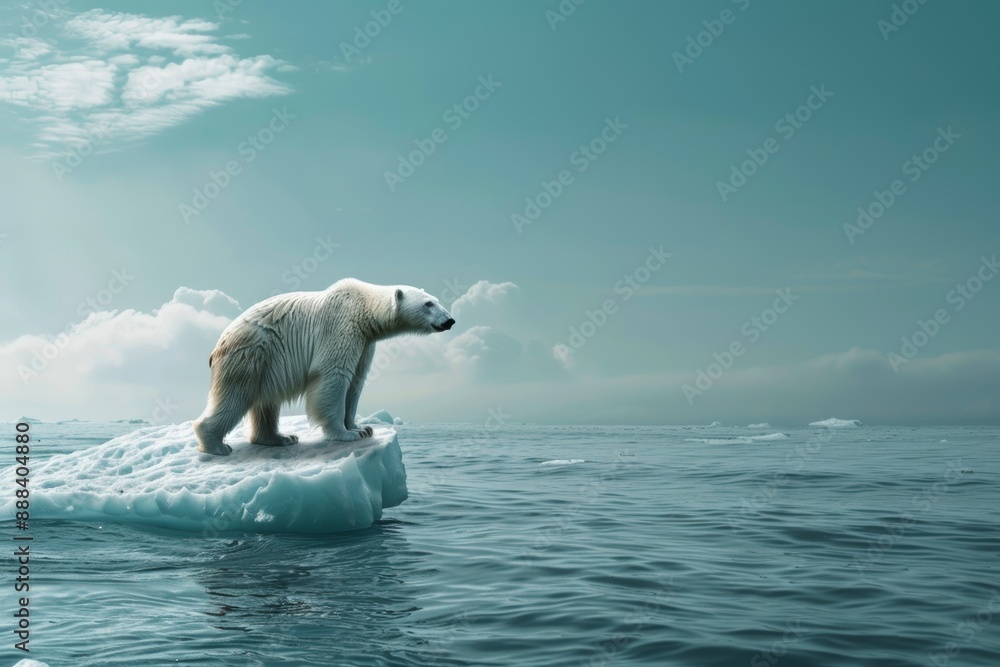 Naklejka premium Polar bear on drifting ice, highlighting themes of climate change, habitat loss, and wildlife conservation