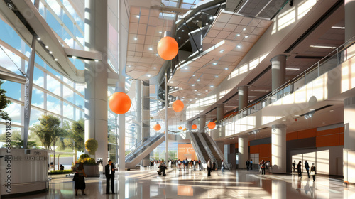 A spacious, modern atrium bathed in sunlight with glass walls, high ceilings, orange hanging decorations, and people walking through its contemporary architecture. photo