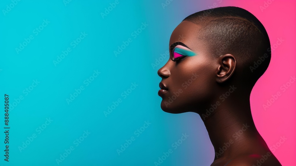 Profile of a person with bold makeup, standing out against a vibrant blue and pink background. Profile of a person with bold makeup, standing out against a vibrant blue and pink background.
