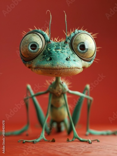 Adorable D rendered green alien bug creature with large eyes photo