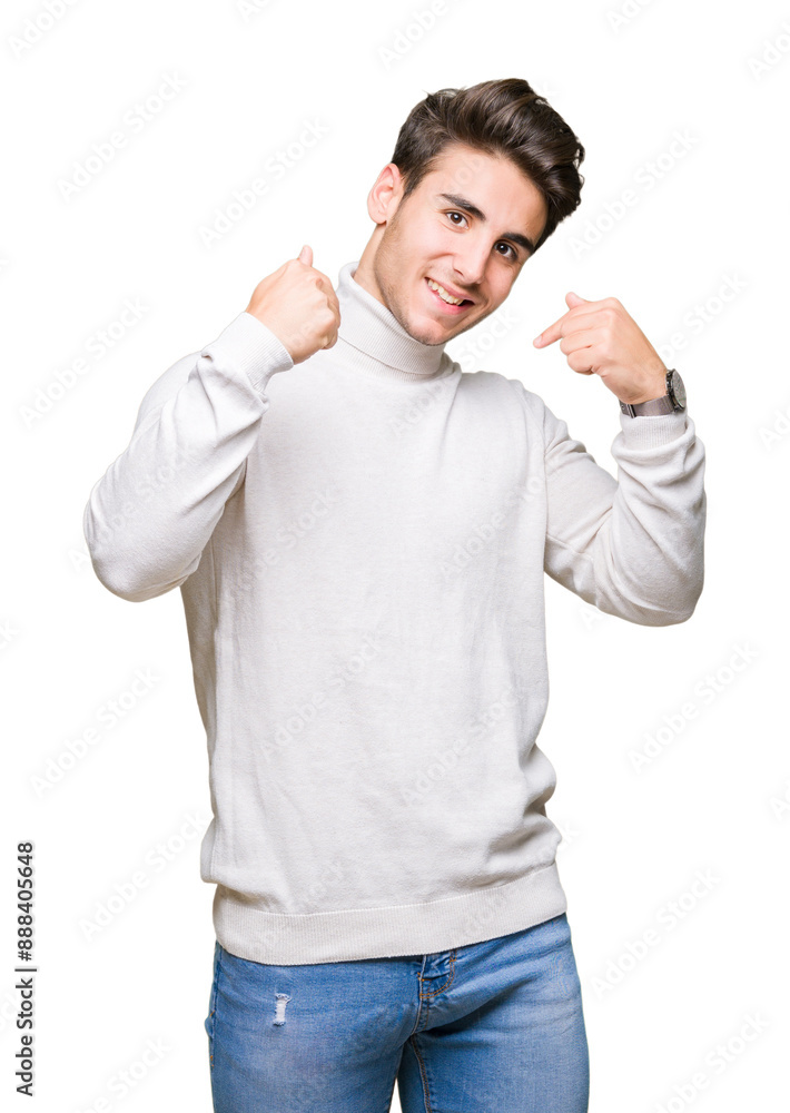 Young handsome man wearing turtleneck sweater over isolated background looking confident with smile on face, pointing oneself with fingers proud and happy. Young handsome man wearing turtleneck sweater over isolated background looking confident with smile on face, pointing oneself with fingers proud and happy.