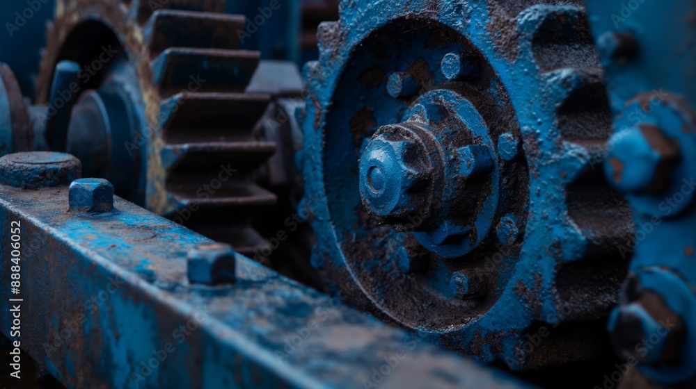 Blue gears, relics of time, whisper stories of a once-great machine. Close-up of old blue gears from an industrial past. Blue gears, relics of time, whisper stories of a once-great machine. Close-up of old blue gears from an industrial past.