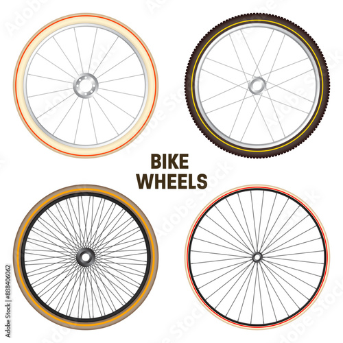 Realistic 3d retro bicycle wheels. Vintage bike rubber tyres, shiny metal spokes and rims. Fitness cycle, touring, sport, road and mountain bike. Vector illustration