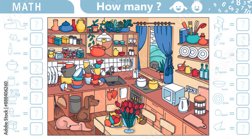 Counting math game for kids. Find and count hidden objects in the picture. Kitchen interior with furniture and home objects. Cozy family eating room. Sketch vector illustration