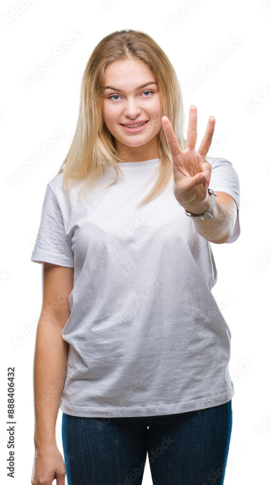 Obraz premium Young caucasian woman over isolated background showing and pointing up with fingers number three while smiling confident and happy.