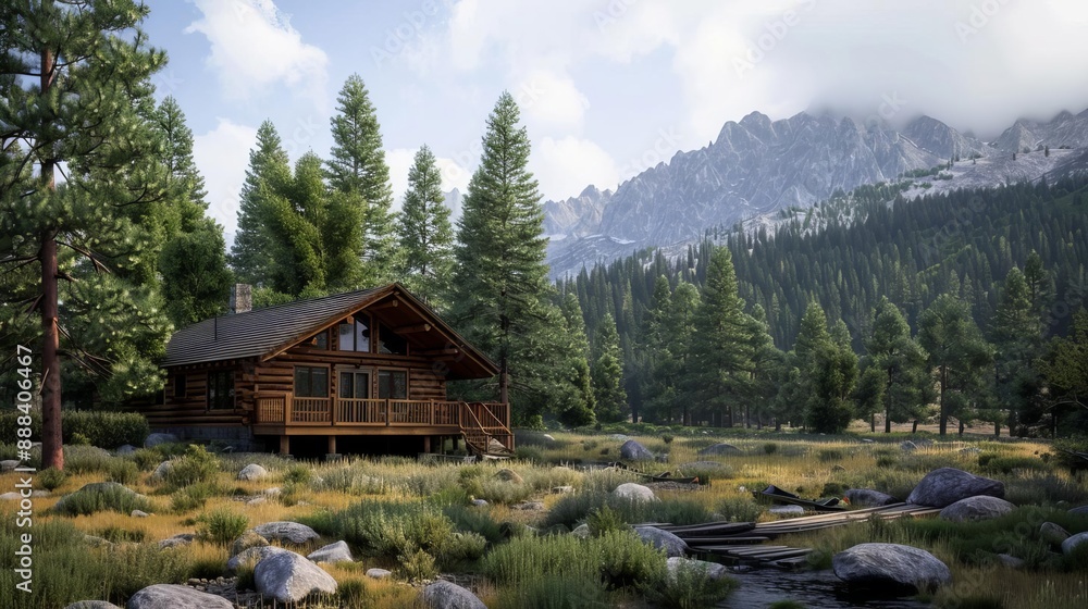 Fototapeta premium Serene mountain cabin surrounded by lush pine forest with majestic mountains in the background on a clear day.