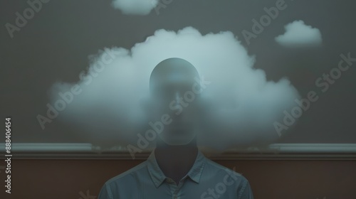 A sharp focused photo of a figure with a mirror face surrounded by colored clouds and floating symbols that represent emotions set against a minimalist background to emphasize the surreal elements