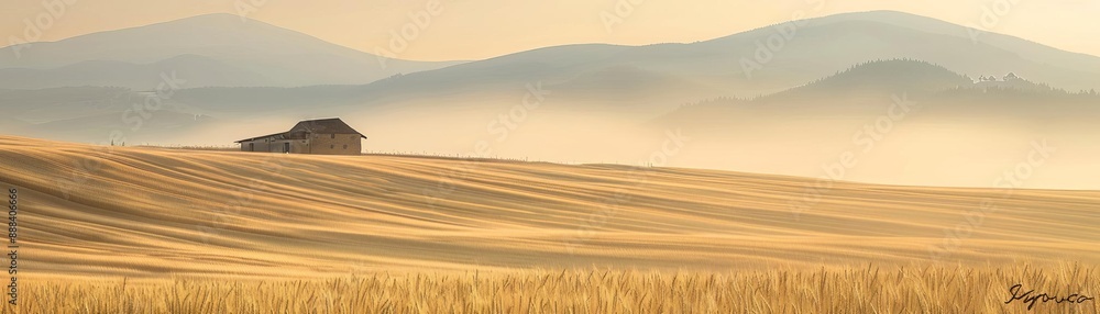 Serene rural landscape with a lone house, golden fields, and misty hills in the distance, capturing the peaceful essence of nature. Serene rural landscape with a lone house, golden fields, and misty hills in the distance, capturing the peaceful essence of nature.