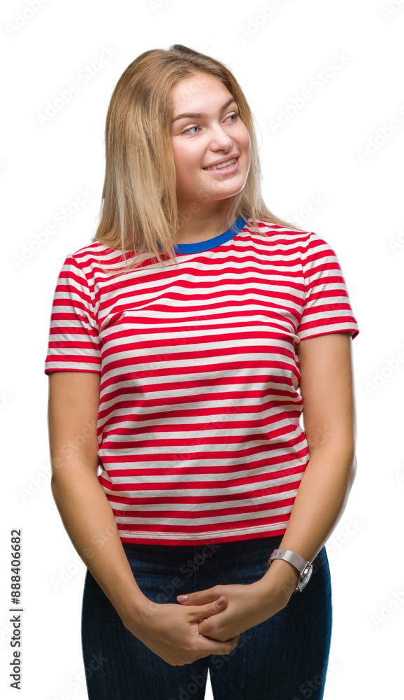 Young caucasian woman over isolated background looking away to side with smile on face, natural expression. Laughing confident. Young caucasian woman over isolated background looking away to side with smile on face, natural expression. Laughing confident.