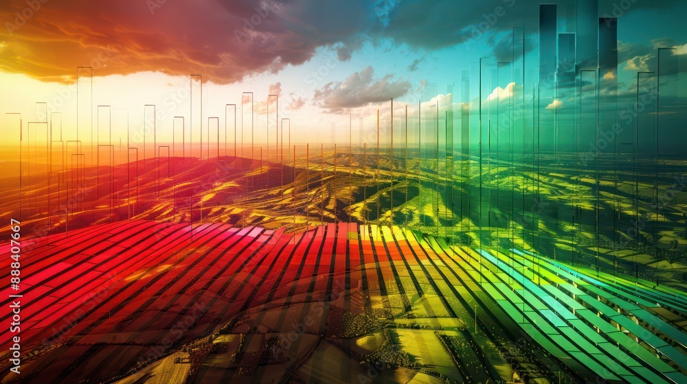 digital rendering of a credit rating analysis, shown as a spectrum of colors from red to green over a financial landscape digital rendering of a credit rating analysis, shown as a spectrum of colors from red to green over a financial landscape