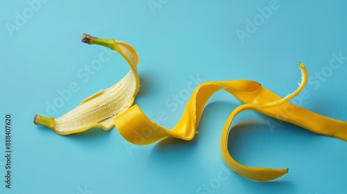 Banana peel on blue background. Concepts.  slipping hazard, composting, food waste, humor, slapstick comedy photo