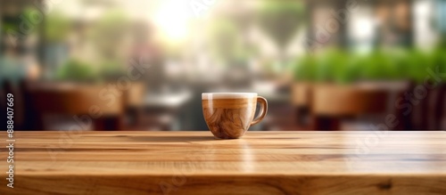 Wallpaper Mural wooden cup of coffee sits upon a wooden table with a blurred background of an outdoor cafe Torontodigital.ca