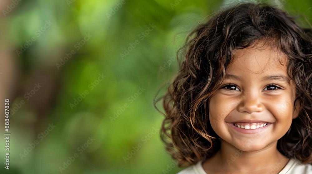 Smiling child with curly hair and green background, displaying happiness and natural innocence outdoors. Smiling child with curly hair and green background, displaying happiness and natural innocence outdoors.