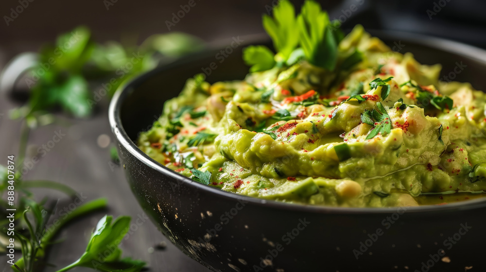 A bowl of vibrant guacamole, topped with chili flakes and fresh herbs, placed on a dark, textured surface with garnishes nearby. A bowl of vibrant guacamole, topped with chili flakes and fresh herbs, placed on a dark, textured surface with garnishes nearby.