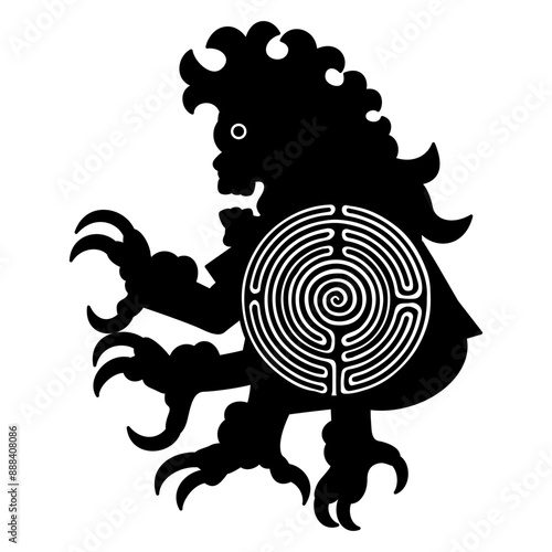 Mesoamerican monster with sharp talons from Aztec or Mixtec codex with a round spiral maze or labyrinth symbol indside. Enigma of ancient Mesoamerican civilization. Black and white silhouette. photo