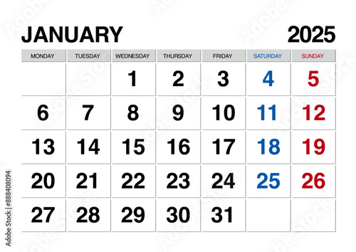 2025年1月のカレンダー月曜始まり日本の祝日表記無し
