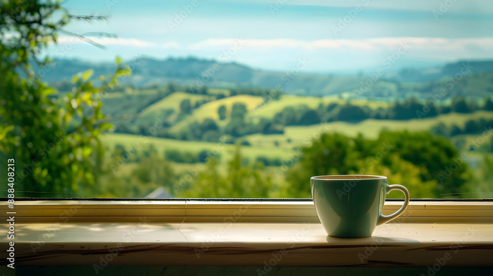 A cup of coffee is sitting on a windowsill in a rural setting A cup of coffee is sitting on a windowsill in a rural setting