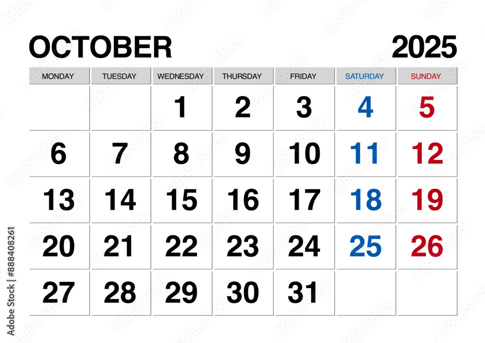 2025年10月のカレンダー月曜始まり日本の祝日表記無し
2025年10月のカレンダー月曜始まり日本の祝日表記無し