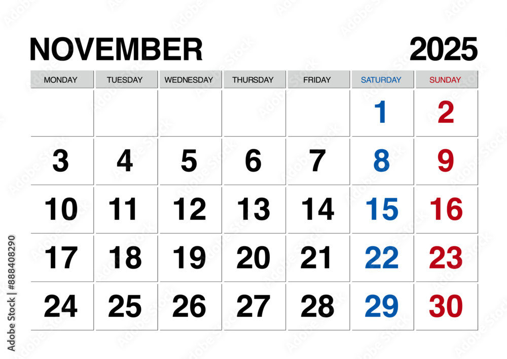 2025年11月のカレンダー月曜始まり日本の祝日表記無し
2025年11月のカレンダー月曜始まり日本の祝日表記無し
