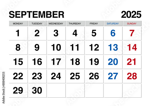 2025年9月のカレンダー月曜始まり日本の祝日表記無し
