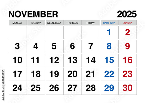 2025年11月のカレンダー月曜始まり日本の祝日表記無し
