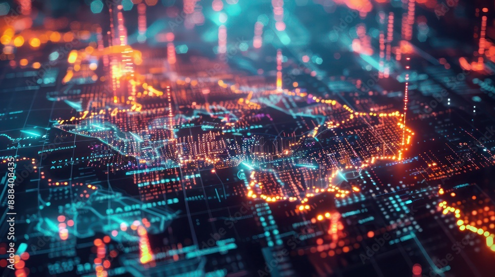 Visualization of a dynamic financial risk assessment, with glowing areas of a digital map indicating different levels of exposure Visualization of a dynamic financial risk assessment, with glowing areas of a digital map indicating different levels of exposure