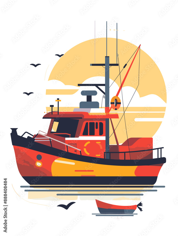 Fishing boat. Vector illustration in flat style on white background. Fishing boat. Vector illustration in flat style on white background.
