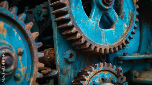 Blue gears, relics of time, whisper stories of a once-great machine. Close-up of old blue gears from an industrial past.