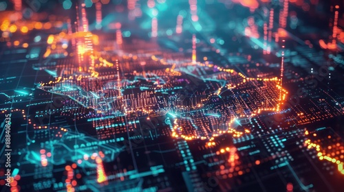 Wallpaper Mural Visualization of a dynamic financial risk assessment, with glowing areas of a digital map indicating different levels of exposure Torontodigital.ca