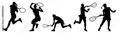 Collection of women playing tennis.Set of silhouettes of sportswomen with rackets. Vector illustration.