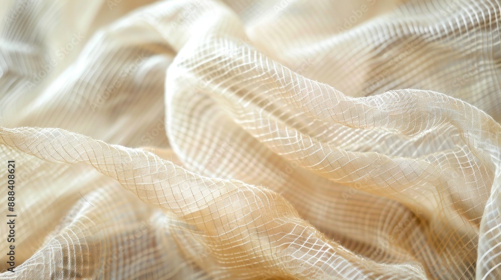 Close-up of flowing, delicate, sheer ivory fabric with an elegant, woven texture. Concept of fashion, textiles, luxury, and design. Close-up of flowing, delicate, sheer ivory fabric with an elegant, woven texture. Concept of fashion, textiles, luxury, and design.