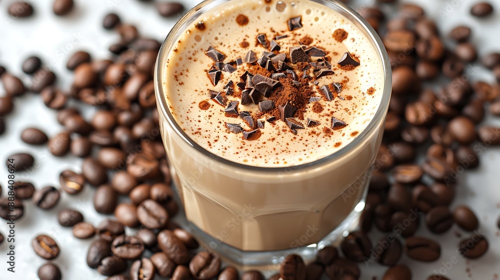 frothy oat milk latte with a sprinkle of cocoa and surrounded by coffee beans all cut out on an isolated simple minimalist background frothy oat milk latte with a sprinkle of cocoa and surrounded by coffee beans all cut out on an isolated simple minimalist background