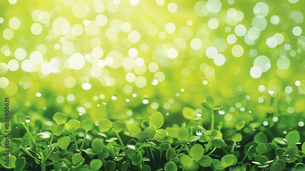 Fototapeta premium Sunlit clover field with morning dew and a bokeh effect. Bright and fresh green foliage creating a serene and vibrant natural scene.