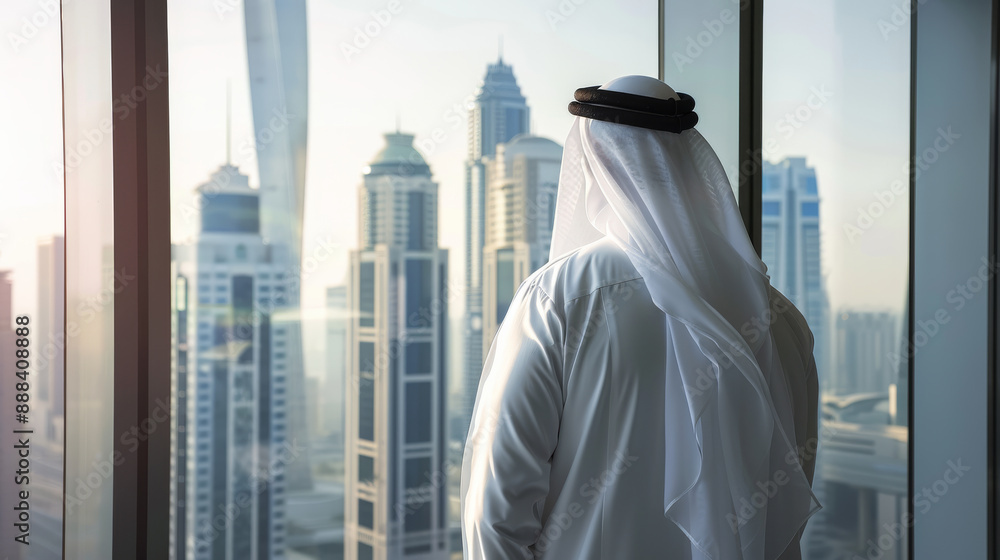 Fototapeta premium An elegant man in traditional attire gazes out of a large window, overlooking a modern cityscape with high-rise buildings and skyscrapers.