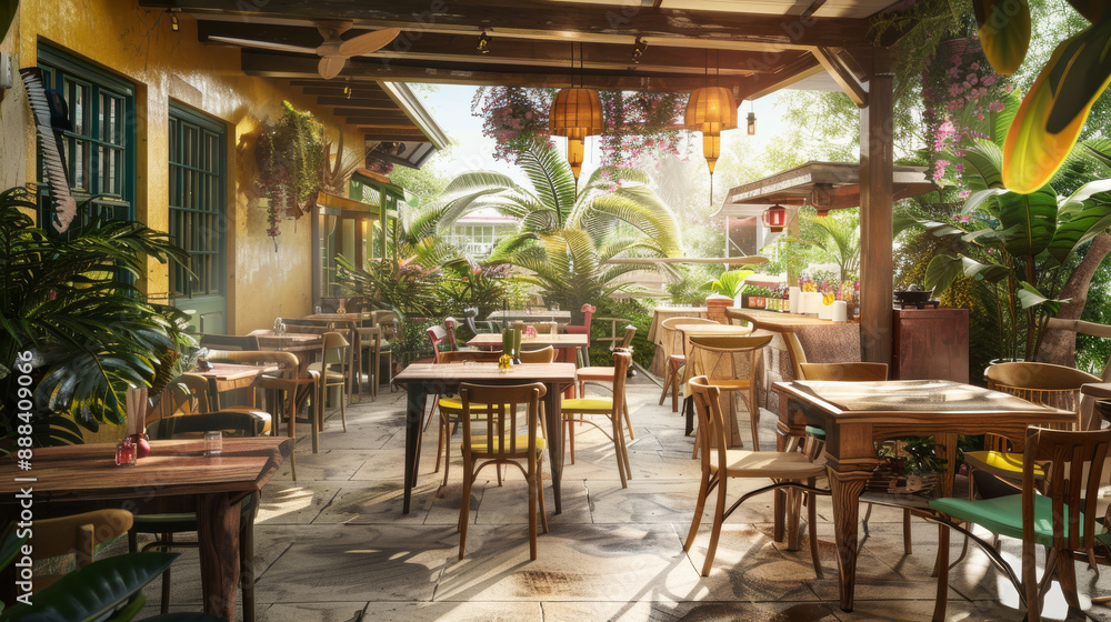 A cozy, sunlit outdoor café area with wooden furniture and vibrant greenery, offering a perfect spot for a leisurely meal or coffee. A cozy, sunlit outdoor café area with wooden furniture and vibrant greenery, offering a perfect spot for a leisurely meal or coffee.
