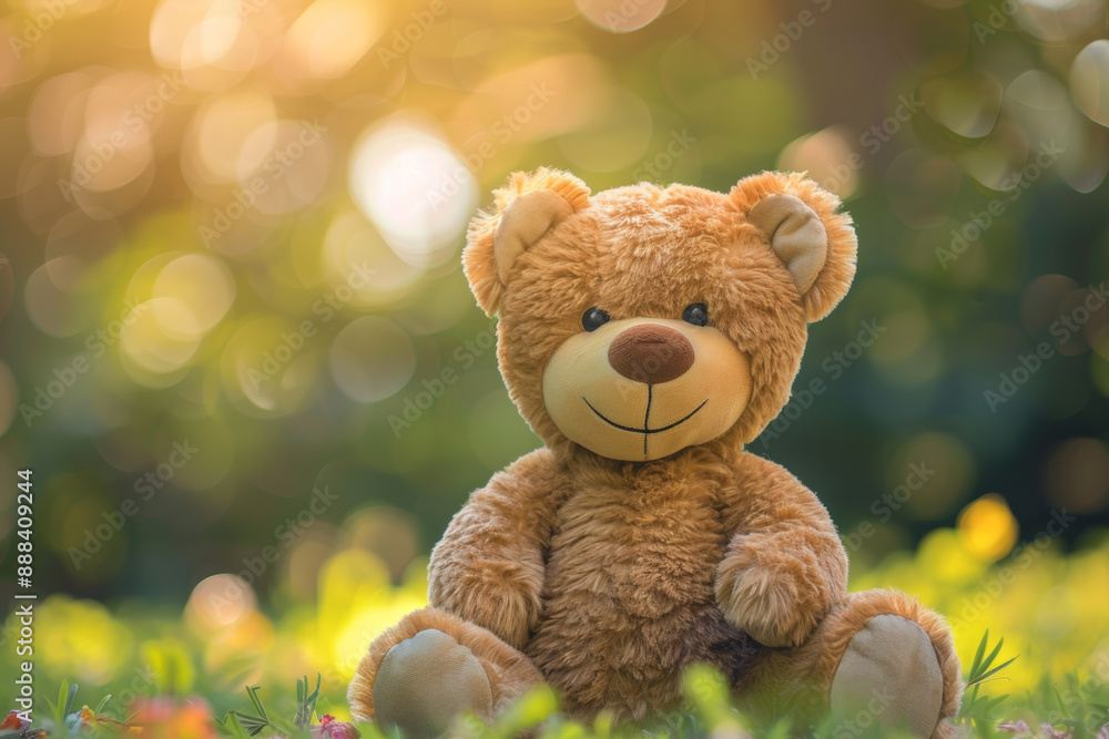 Cute toy teddy bear sitting in lush grass in sunny day Cute toy teddy bear sitting in lush grass in sunny day