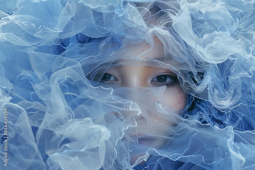 Ethereal portrait of a woman surrounded by blue tulle capturing softness beauty and modern artistic expression Ethereal portrait of a woman surrounded by blue tulle capturing softness beauty and modern artistic expression